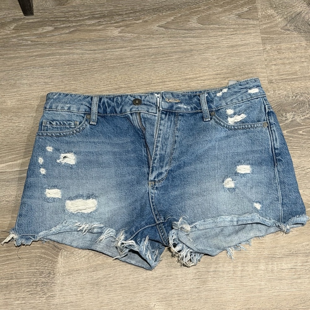PAIGE Blue Distressed Jean Shorts